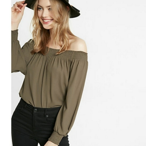 Express Tops - Express Off Shoulder Top Olive Green